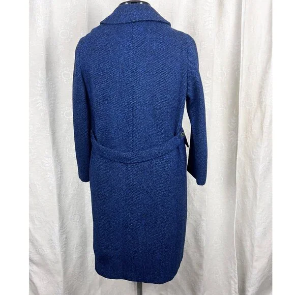 Harris Tweed blue wool overcoat vintage collared long winter coat classic flawed - Picture 8 of 14